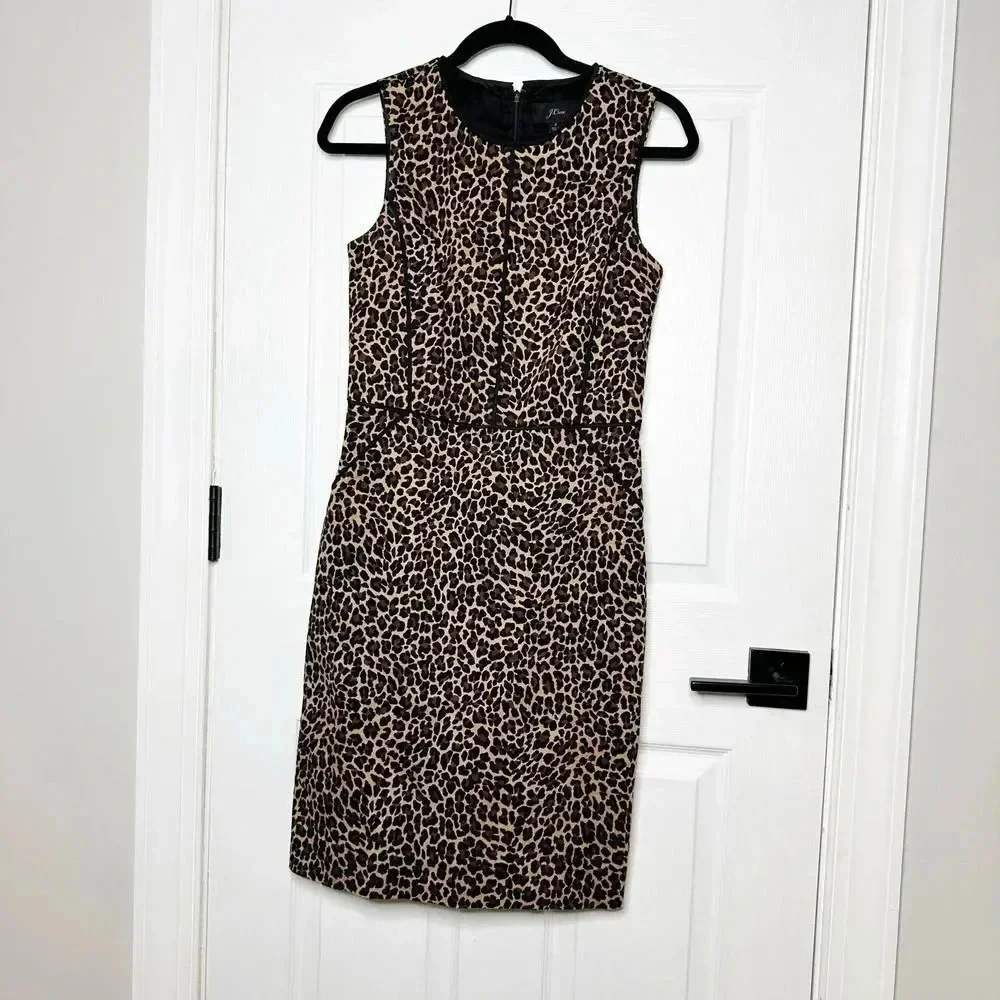 J. CREW Size 2 Sleeveless Sheath Dress Leopard‎ Bi-Stretch Cotton